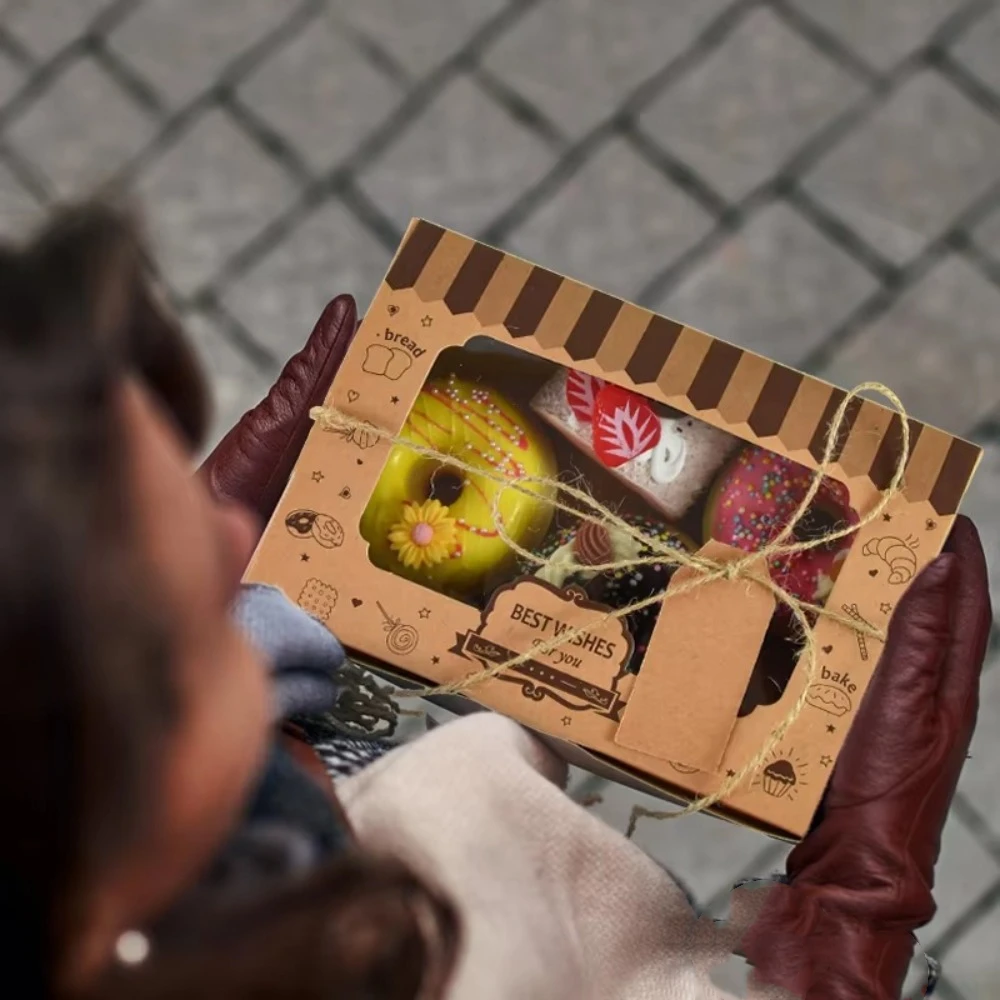 12pcs Kraft Paper Dessert Cake Bakery Box Transparent Window with Rolls Rope and Stickers Pastry Treat Boxes