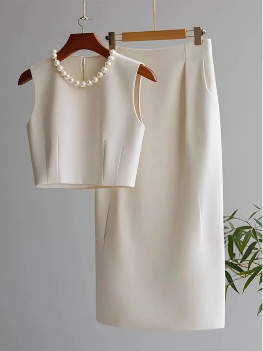 Shpmishal Elegant Xiaoxiang Style Set Skirt Summer Three-Dimensional Nail Bead Vest Paired With Half Skirt Two-Piece Set