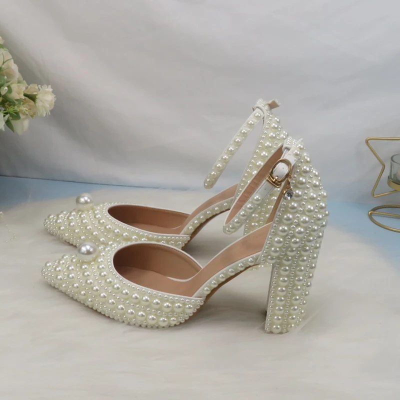 BaoYaFang White Pearl women wedding shoes And Bags Bride High heels shoes ladies party dress shoes woman Sweet Fashion Pumps