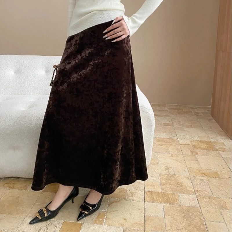 

Women Velvet Skirts Solid Skirt Empire Elastic Waist Ankle Length Slight Strech Loose Fit Casual Office Lady 2025 Autumn Winter