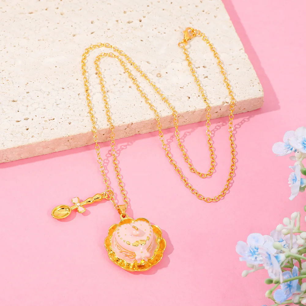 Cute Enamel Pink Heart Cake Necklace, Detachable Mini Spoon Charm Chain Sweet Kawaii Dessert Statement Jewelry Gift