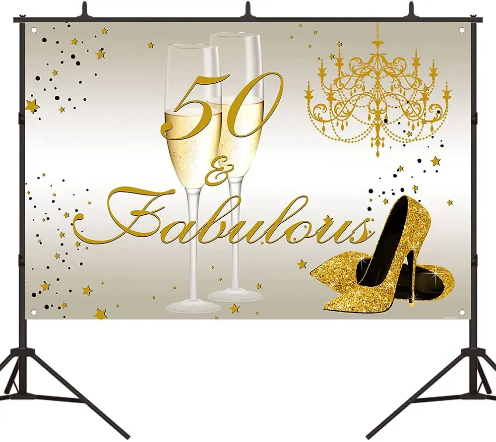 

Gold And White Backdrop Happy 50th Birthday Party Decoration 50 Birthday High Heel Champagne Background Photo Studio Prop Banner