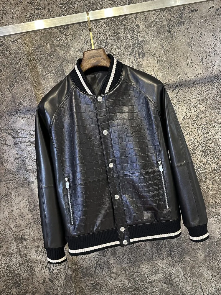 High Quality Genuine Leather Jacket Men Casual Single Breasted Spliced Fashion Bomber Coat Loose Fit Srping Autumn Outerwear