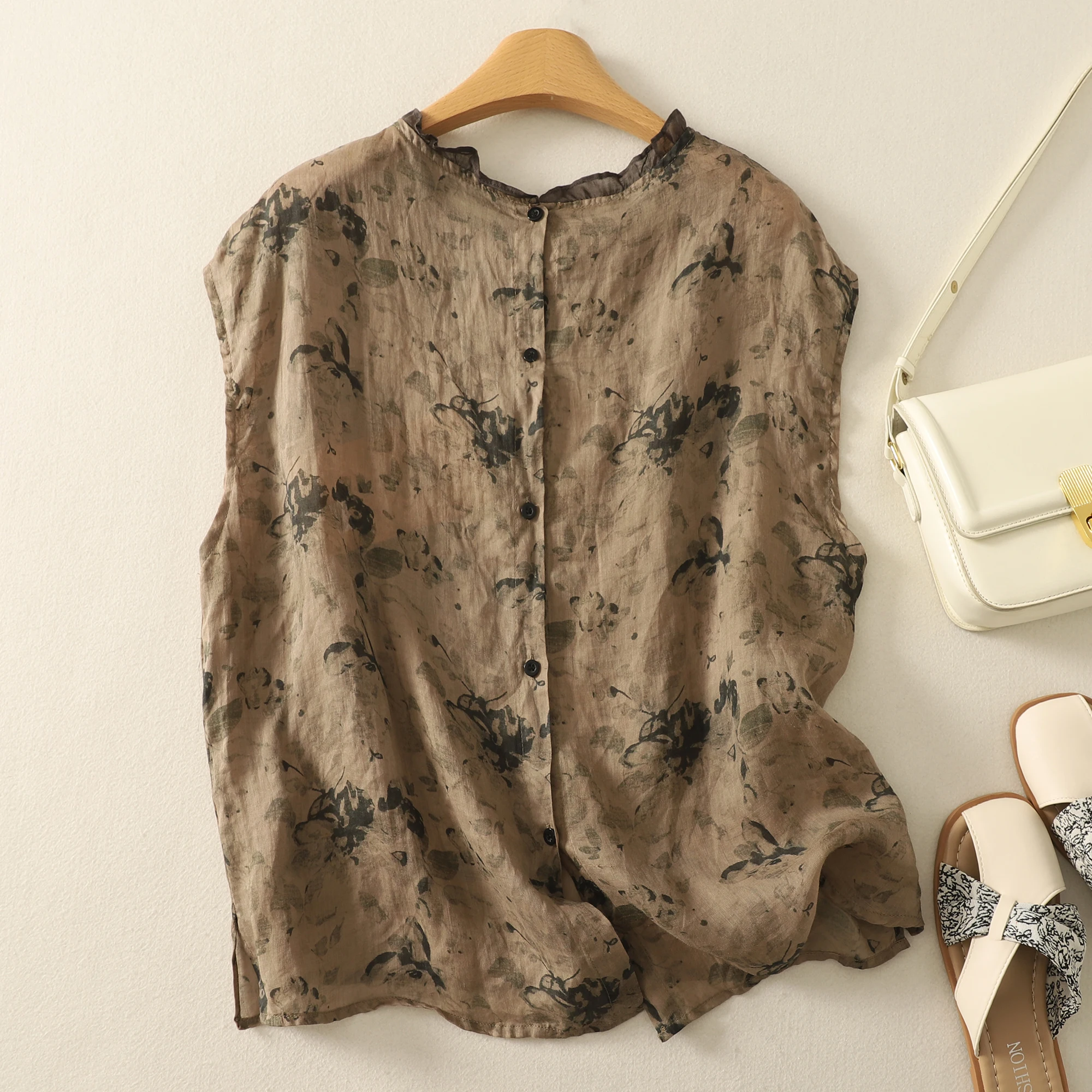 Chaleco de lino a la moda de verano para mujer, Jersey Original suave y cómodo sin mangas con volantes y cuello redondo, Tops para mujer