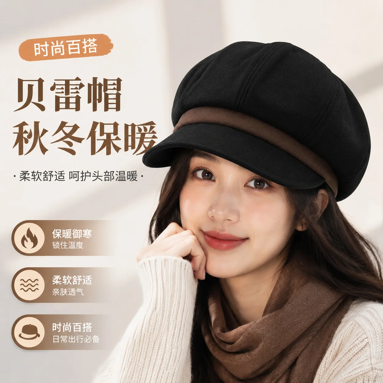 Casual face little beret trendy autumn and winter fashion versatile splicing retro women's shopping newsboy octagonal hat