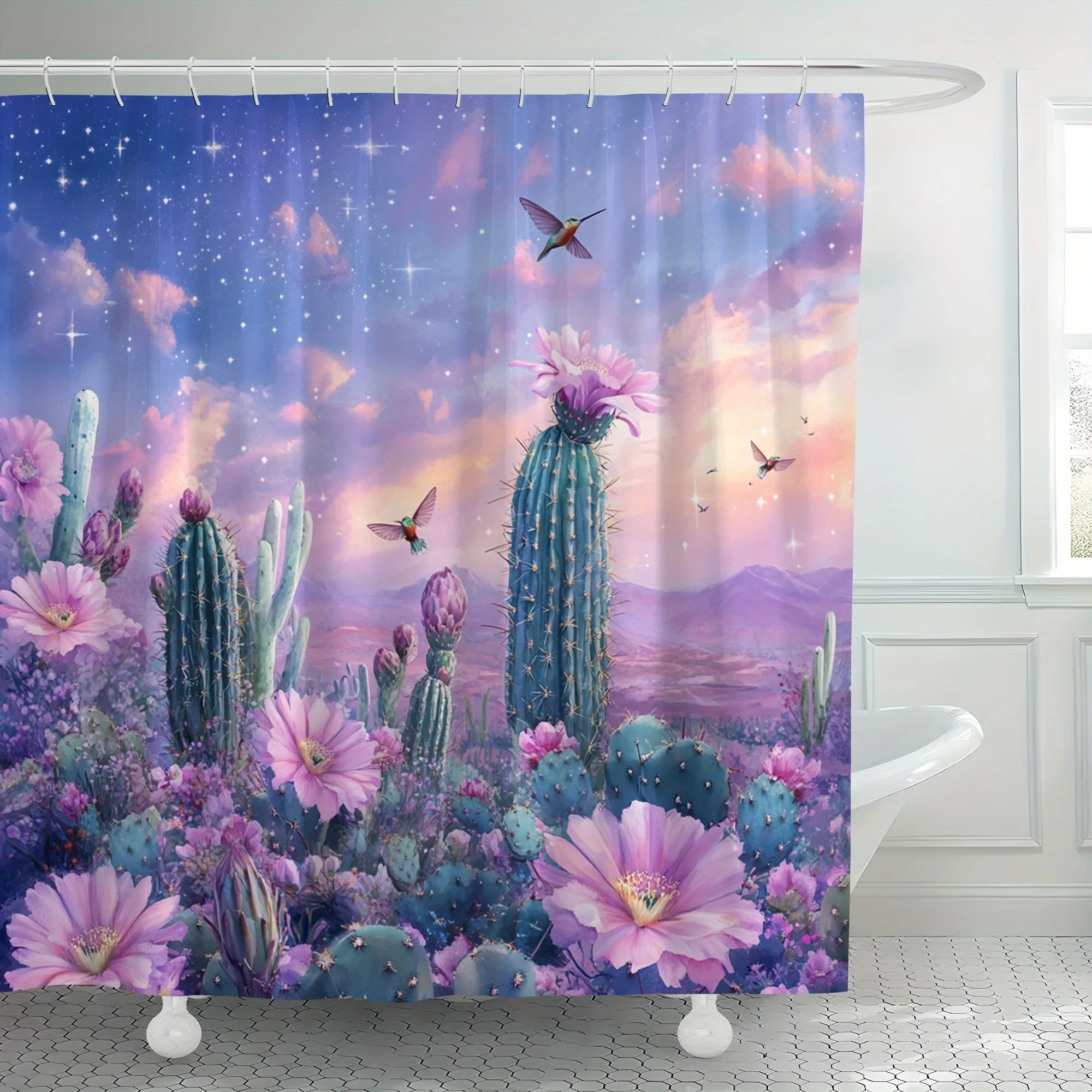 

1 шт. Занавеска для душа с цветком пустыни и кактуса — яркая полиэфирная ткань с дизайном звездного ночного неба и цветущих цветов, Machi