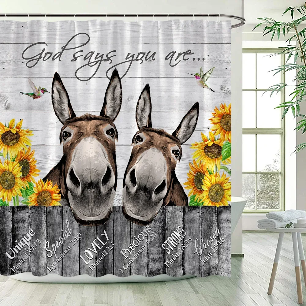 Funny Donkey Shower Curtains Vintage Barn Wooden Door Sunflower Farm Animal Bath Curtain Set Polyester Bathroom Decor with Hooks