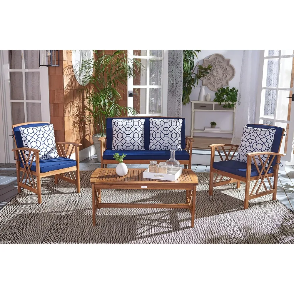 

Outdoor Collection Fontana Natural/ Navy Blue Cushions/ Geometric Pattern Pillows 4-Piece Conversation Patio Set