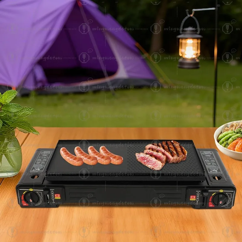 2500W BDZ-2x168 Dual Head Barbecue Gas Stove With Baking Tray And Handle Box Camping Stove with Baking Tray&Portable Case