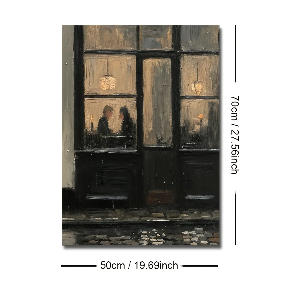 2D Flat, 2D Flat, A 2D Flat Unframed Vintage Canvas Poster Depicting a Cozy Romantic Couple Enjoying a Rainy Night at a Café