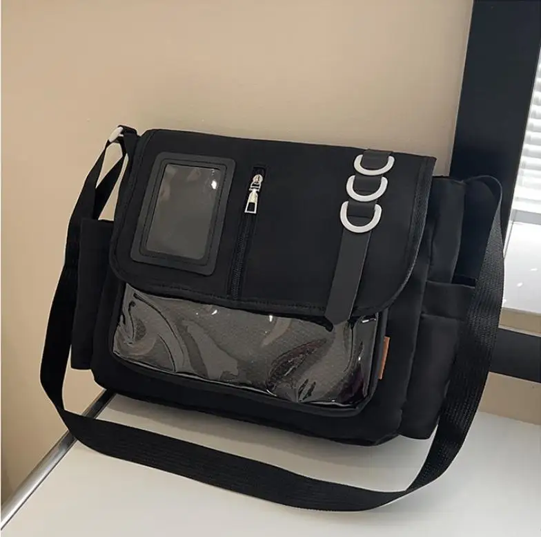 

Y2K Clear Patch Canvas Crossbody Messenger Bag Multi Pocket Shoulder Bag Casual Daily School Work Satchel Handbag for Teen Girls