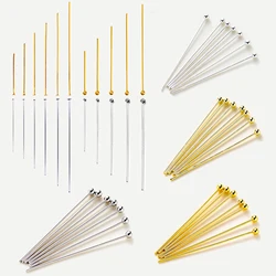 100Pcs 16-50mm 14/18K Real Gold Brass Eye Flat Head Pins Needle Ball Head Pins Pendant Connectors For Jewelry Making Findings