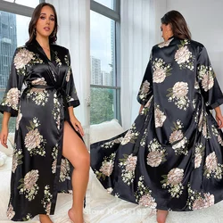 Plus Size 5xl Sexy Love Print Bloem Lang Gewaad Nachtjapon Kimono Badjas Elegante Nachtkleding Vrouwen Satijnen Kamerjas