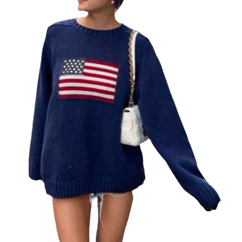 2025 New Women's American Flag Easter Knit Sweater Oversized Comfortable Loose Fit Round Neck Pullover for Independence Day