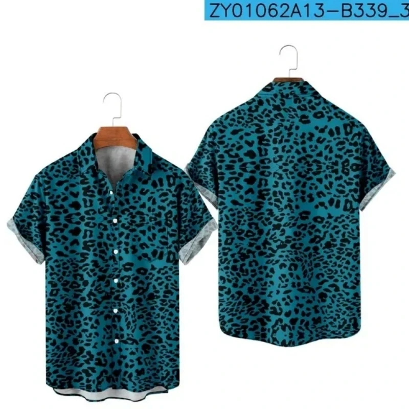 Camiseta de leopardo havaiana masculina estampada, roupas grandes casuais de manga curta para praia, camisa Y2K, estampa 3D, camisa de praia