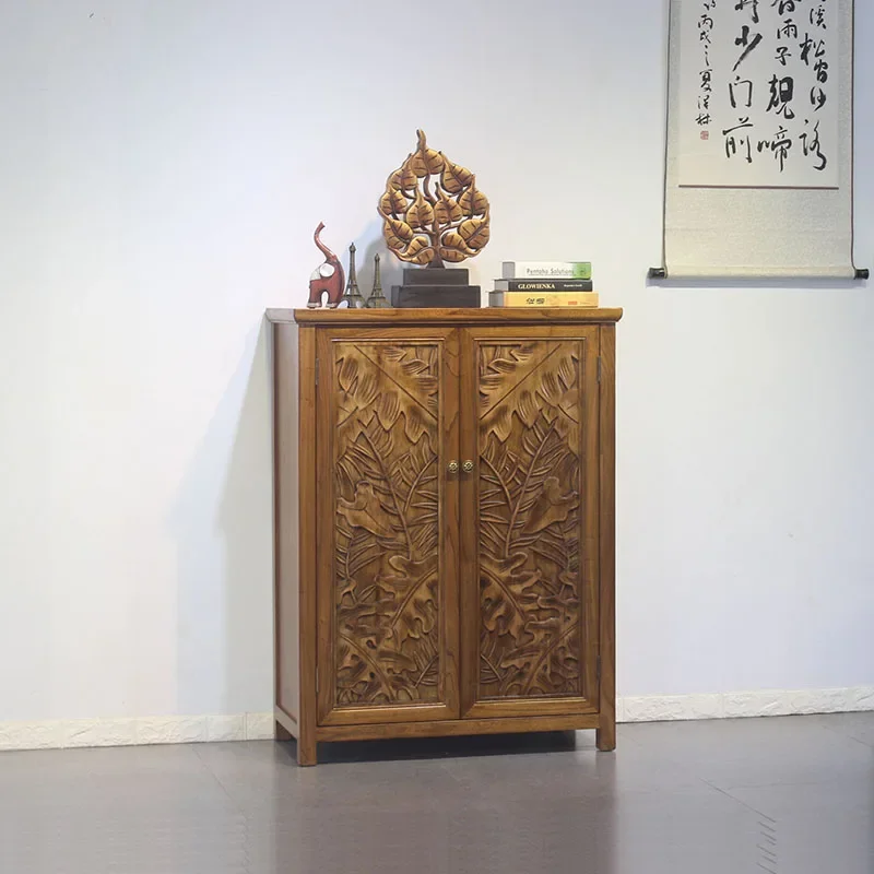 Solid wood carved shoe cabinet New Chinese retro Thai craftsmanship Xuan cabinet Room hall locker Elm shoe cabinet