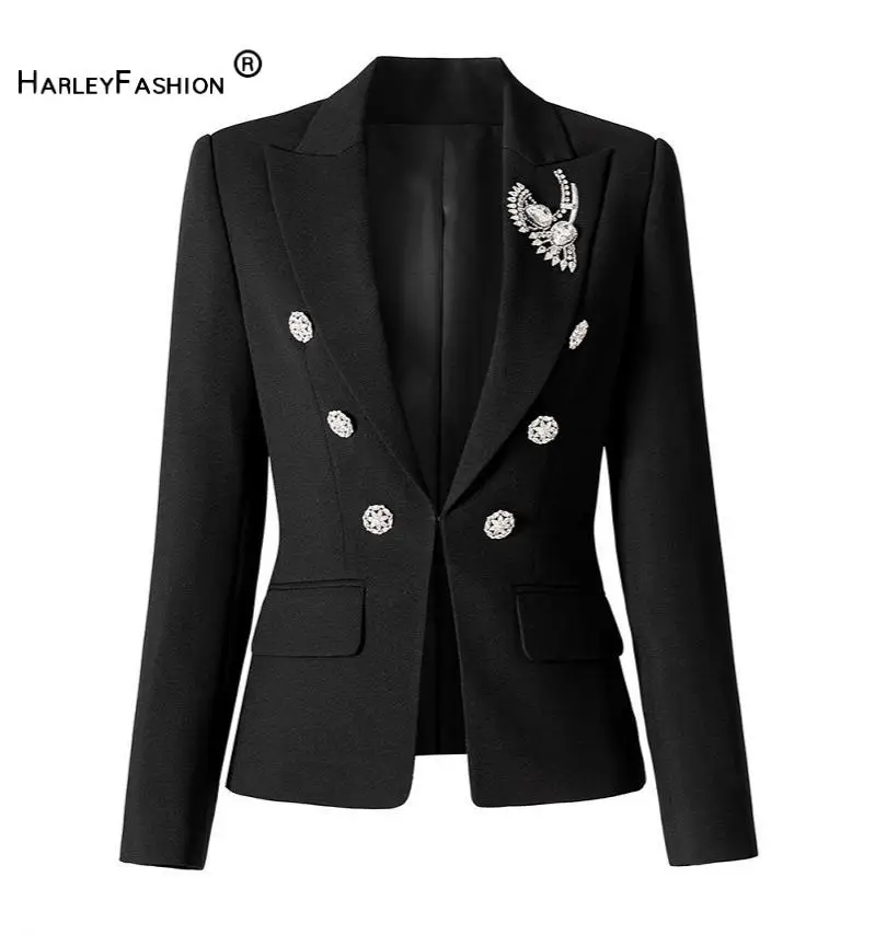 Autumn New Arrival 2025 Quality Designed Lady Office Casual Wear Rhinestone Beads Notched Double-breasted Solid Blazer for Women