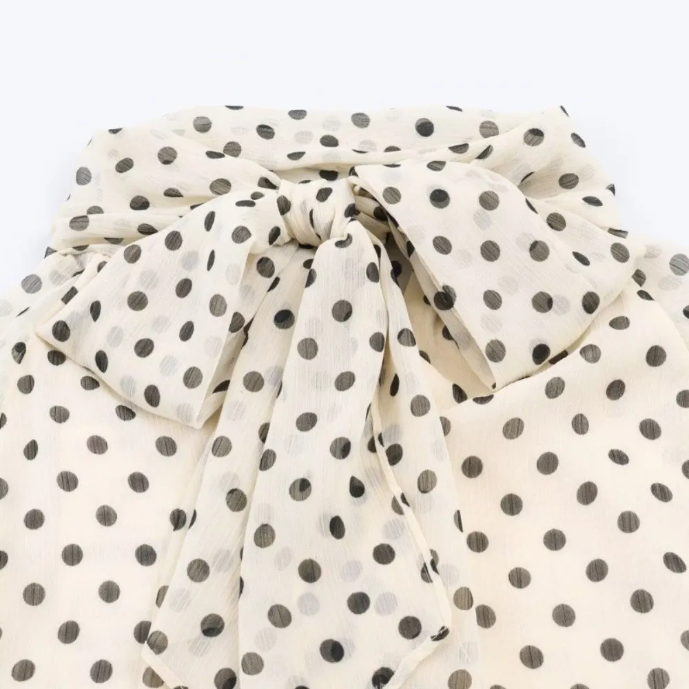 

Элегантная блузка с рукавами-фонариками в горошек, плиссированная, свободного кроя, на шнуровке, с длинным рукавом, из дышащего шифона, для офиса и прогулок