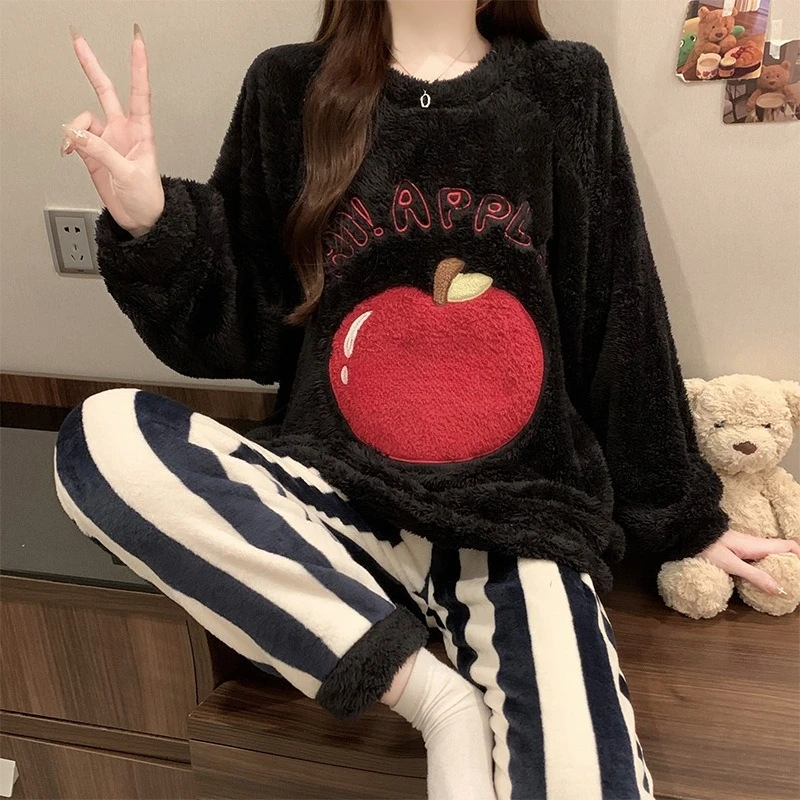 Winter Coral Fleece Pajamas Set Women Sweet Cartoon Sleepwear Flannel Thickened Ops and Trousers Pjs Korean Students Loungewear