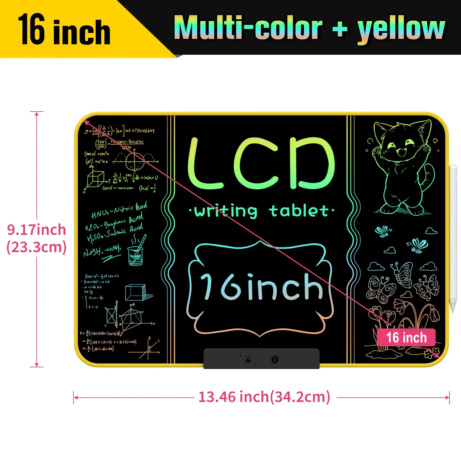 แท็บเล็ตเขียน LCD แบบชาร์จไฟได้ ขนาด 16 นิ้ว กระดานวาดภาพสีสันสดใสสำหรับเด็ก ของเล่นเสริมการเรียนรู้สำหรับโรงเรียนและบ้าน