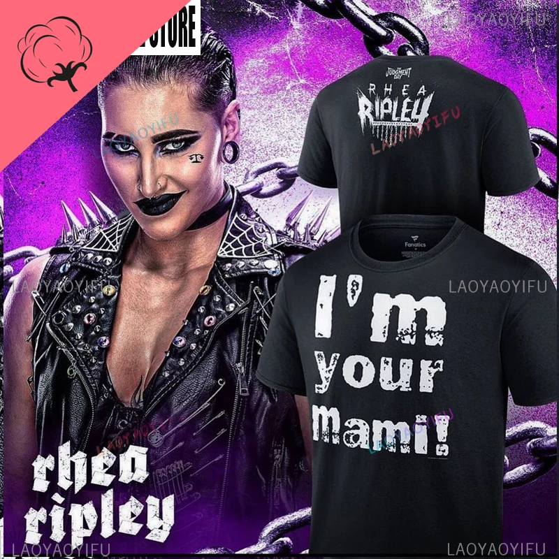 Men's Black Rhea Ripley Monday Night Mami T-Shirt Summer Short Sleeve Women Clothes Sport Black Children Tee Tops