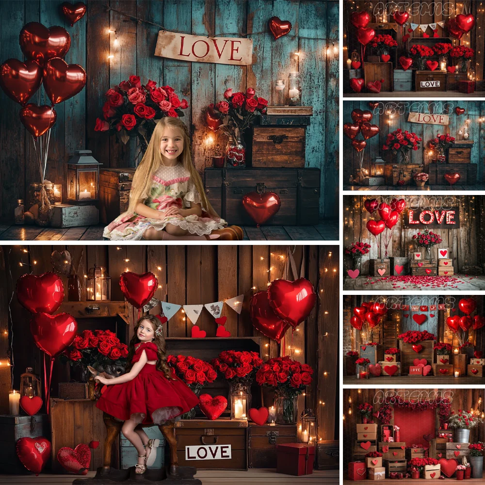 Valentine's Day Romantic Red Roses Hearts Wooden Shelves LOVE Vintage Heart Shaped Garland Arch Baby Backdrop Photography Studio