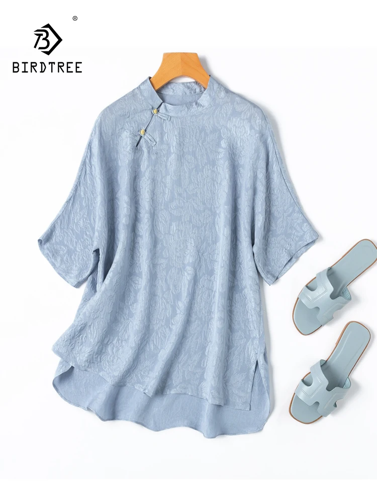 

BirdTree, 100%Real Silk Elegant T-Shirt, Women Stand Short Sleeve, Retro Literature Loose Chinese Tops, 2024 Summer T45270QC