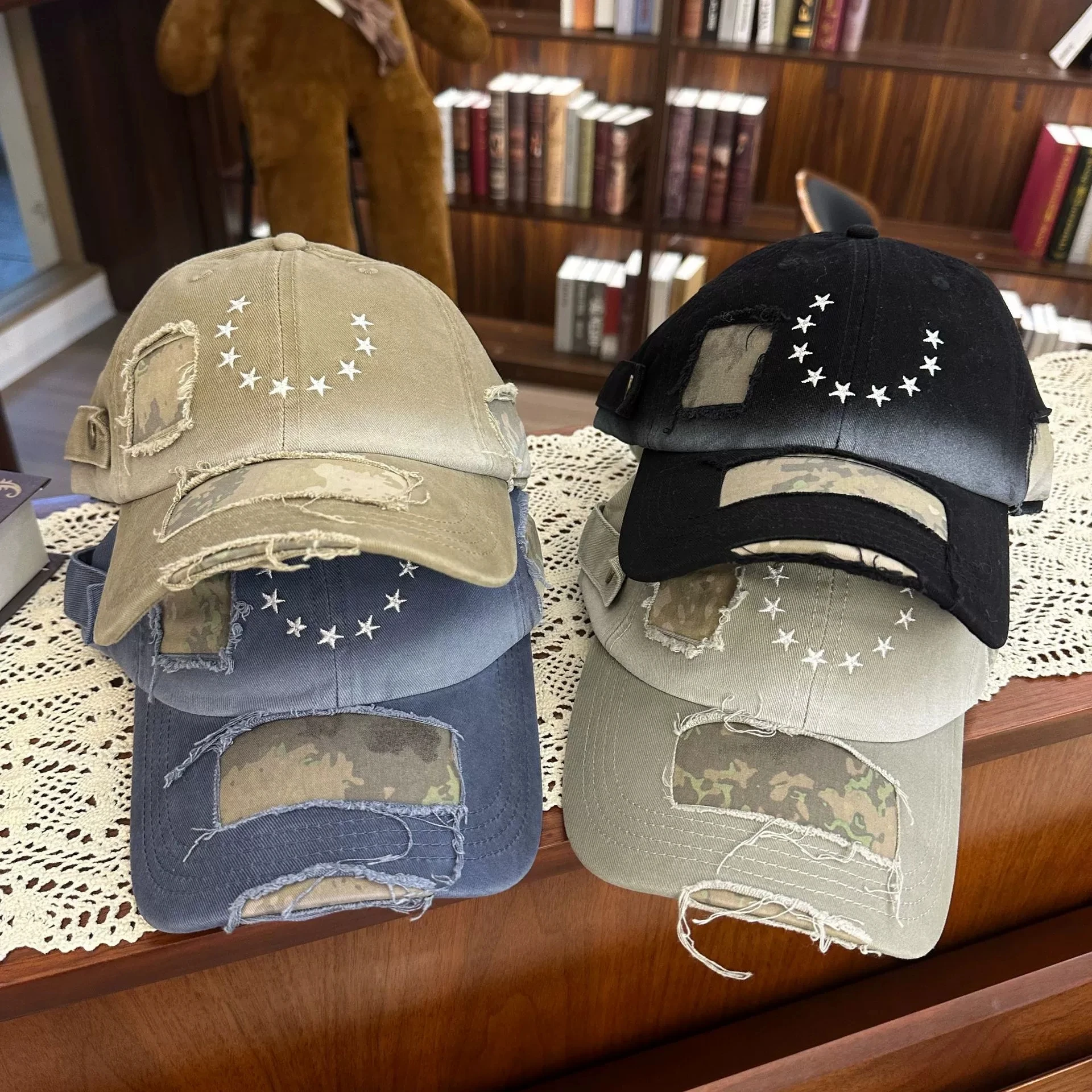 Japanese-style Vintage Distressed Star-embroidered Baseball Cap for Women Retro Unisex Sun Hat for Men