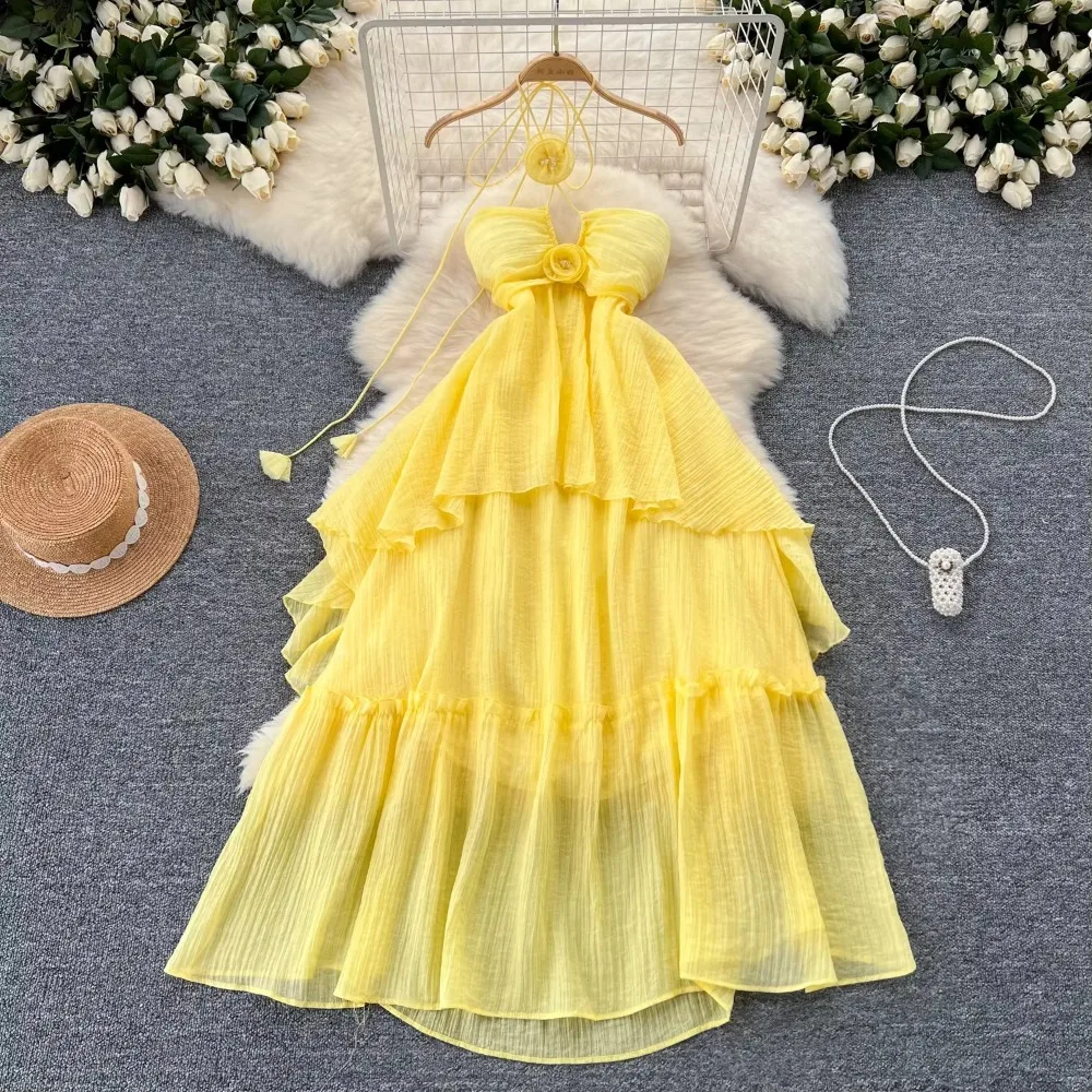 Elegant Sweet High Waist Hollow Out Asymmetric Three-dimensional Flower Halter Dress Vacation Slim Women Party Summer Dresses