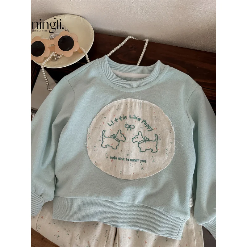 NL-Autumn Girls New Blue Color Color Matching Cartoon Puppy Bottoming Shirt Floral Casual Pants Baby Girl Two-Piece Suit