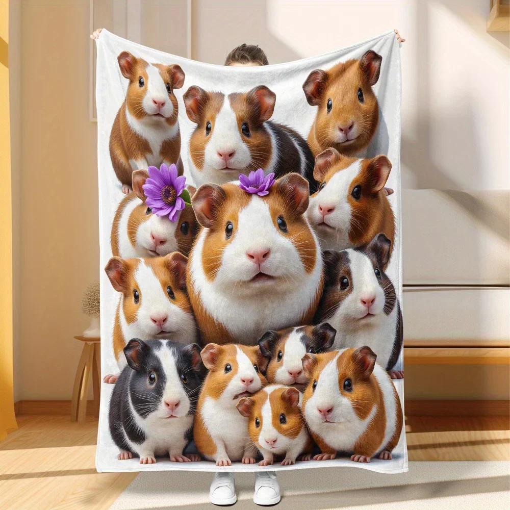 1pc Elegant Cute Guinea Pigs Flower Design Signature Flannel Blanket, Luxurious Comfort for Lounging, Winter Retreats, Office Na