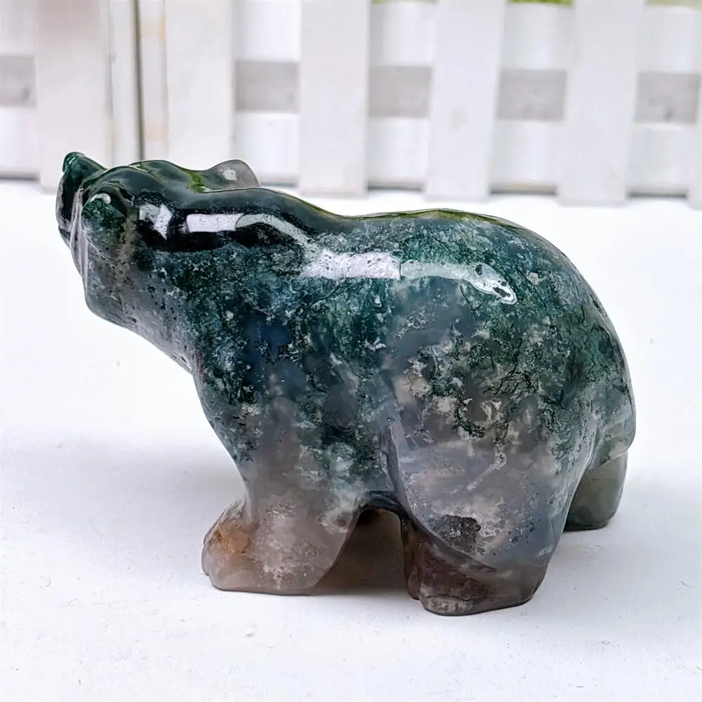 Natural Moss Agate Bear Stone 10cm Polished Healing Crystal Home Decor Animal Craft Gift
