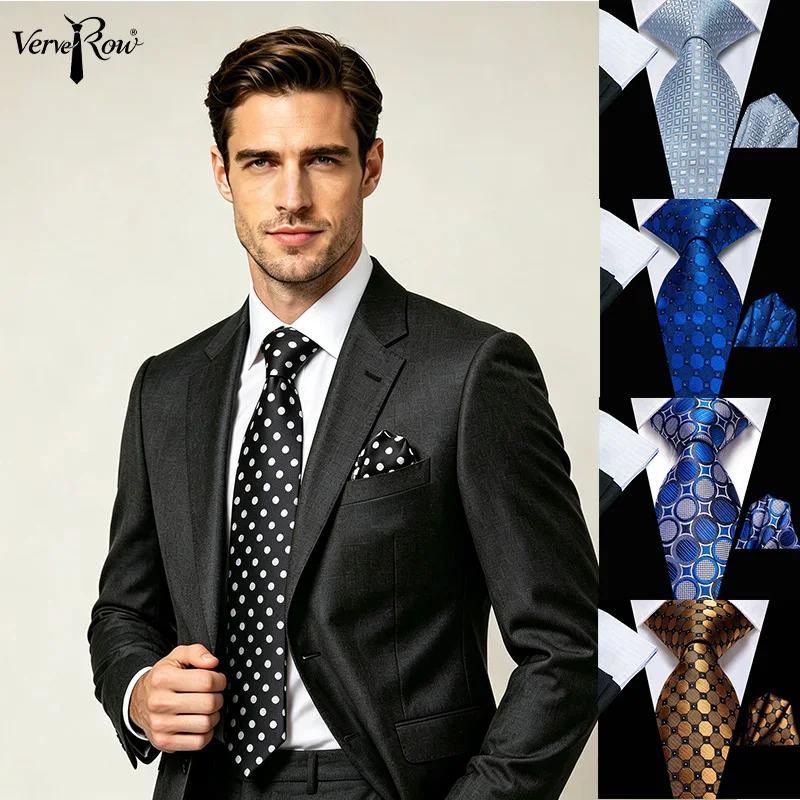 VerveRow Men Black White Polka Dot Necktie and Pocket Square Set, Classic Pattern Tie Formal Suit Wedding Accessory