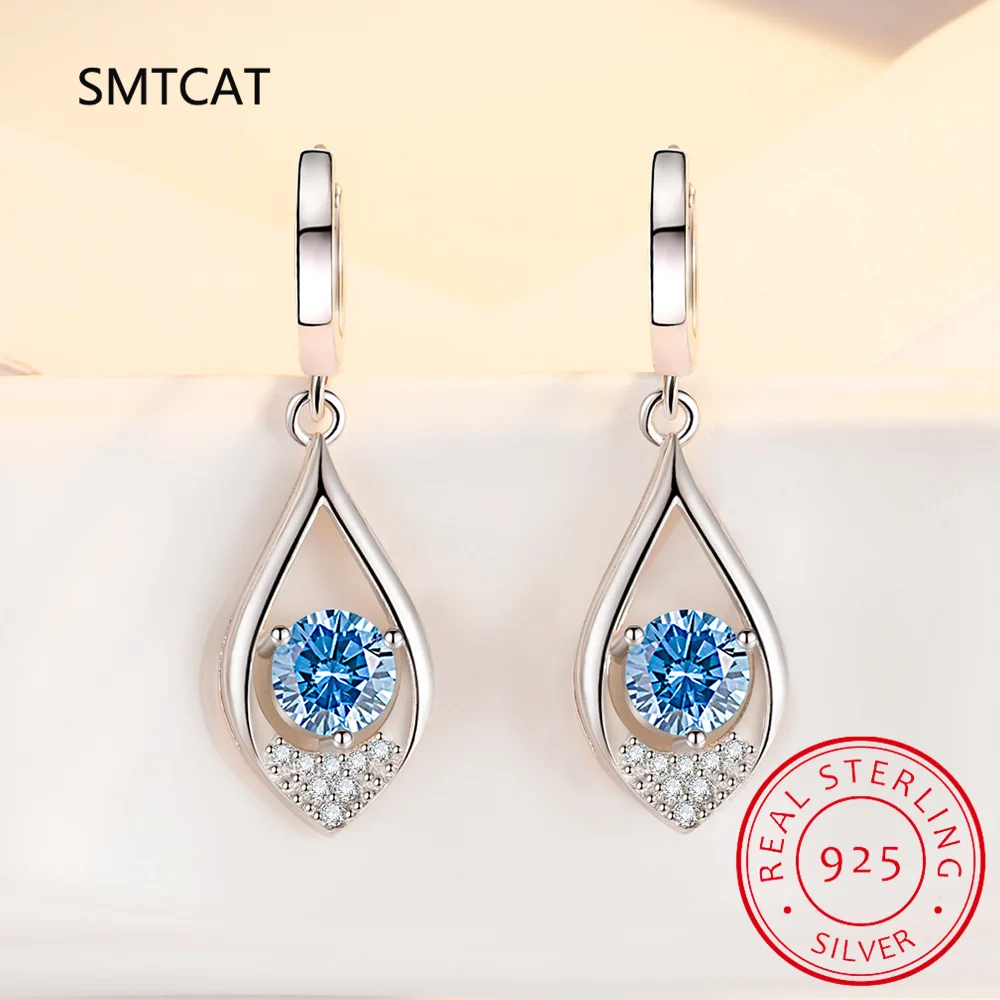 Round Genuine Natural Blue Topaz 925 Sterling Silver Waterdrop Dangle Drop Earring for Women Statement Gemstone Fine Jewelry