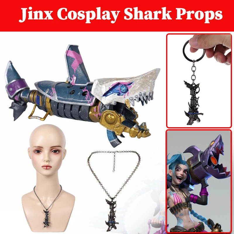 Arcane Season 2 Jinx Cannon Cosplay Fish Bone Rocket Launcher Props Necklace EVE Printed Chomper Shark Weapons Halloween Gifts