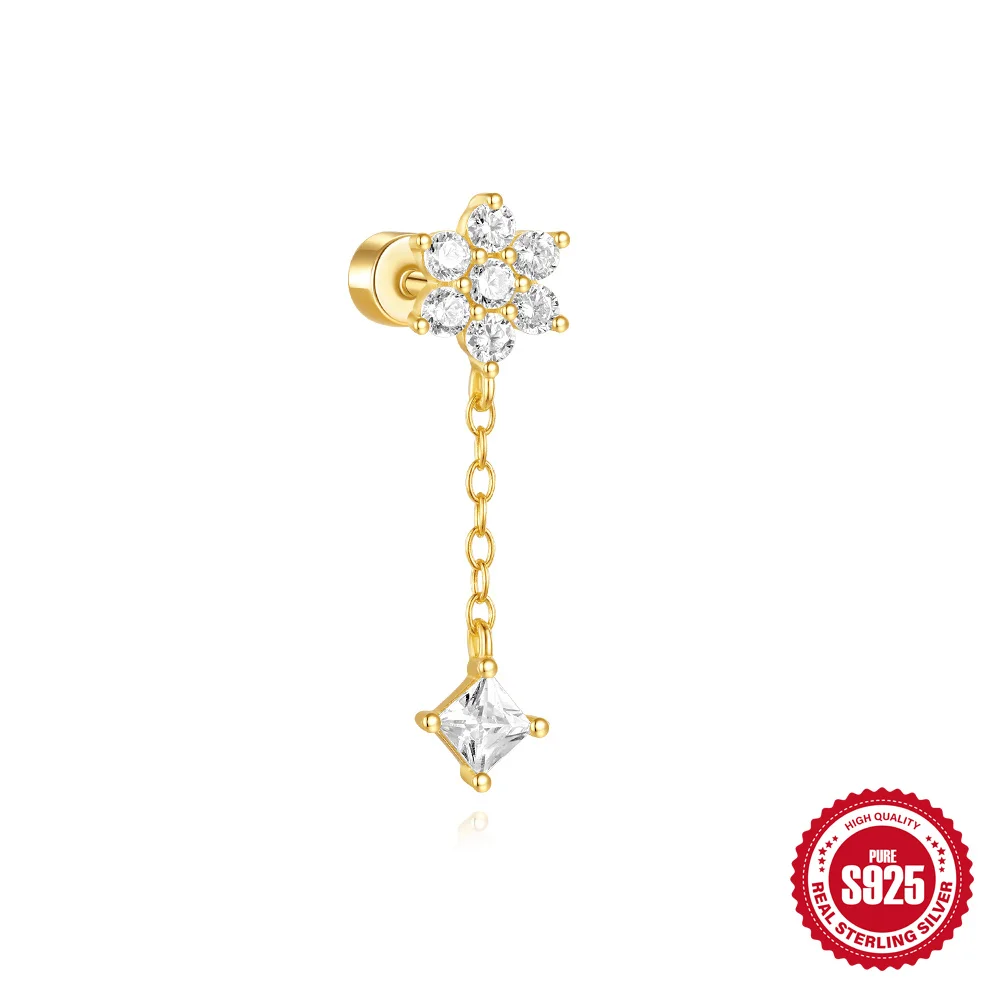 CANNER 1 Stück 925 Silber Glatte Sterne Mond Ohrstecker für Frauen 18 Karat Gold Flachkopf Gewinde Punktion Ohr Knochen Ins Edlen Schmuck
