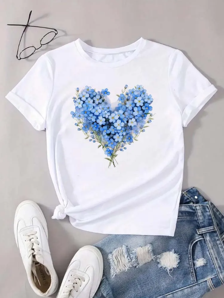 여름 신상 하트 플로럴 패턴 프린팅 티셔츠 여성 의류 라운드 넥 반팔 티셔츠 탑스 티즈 미학 의류