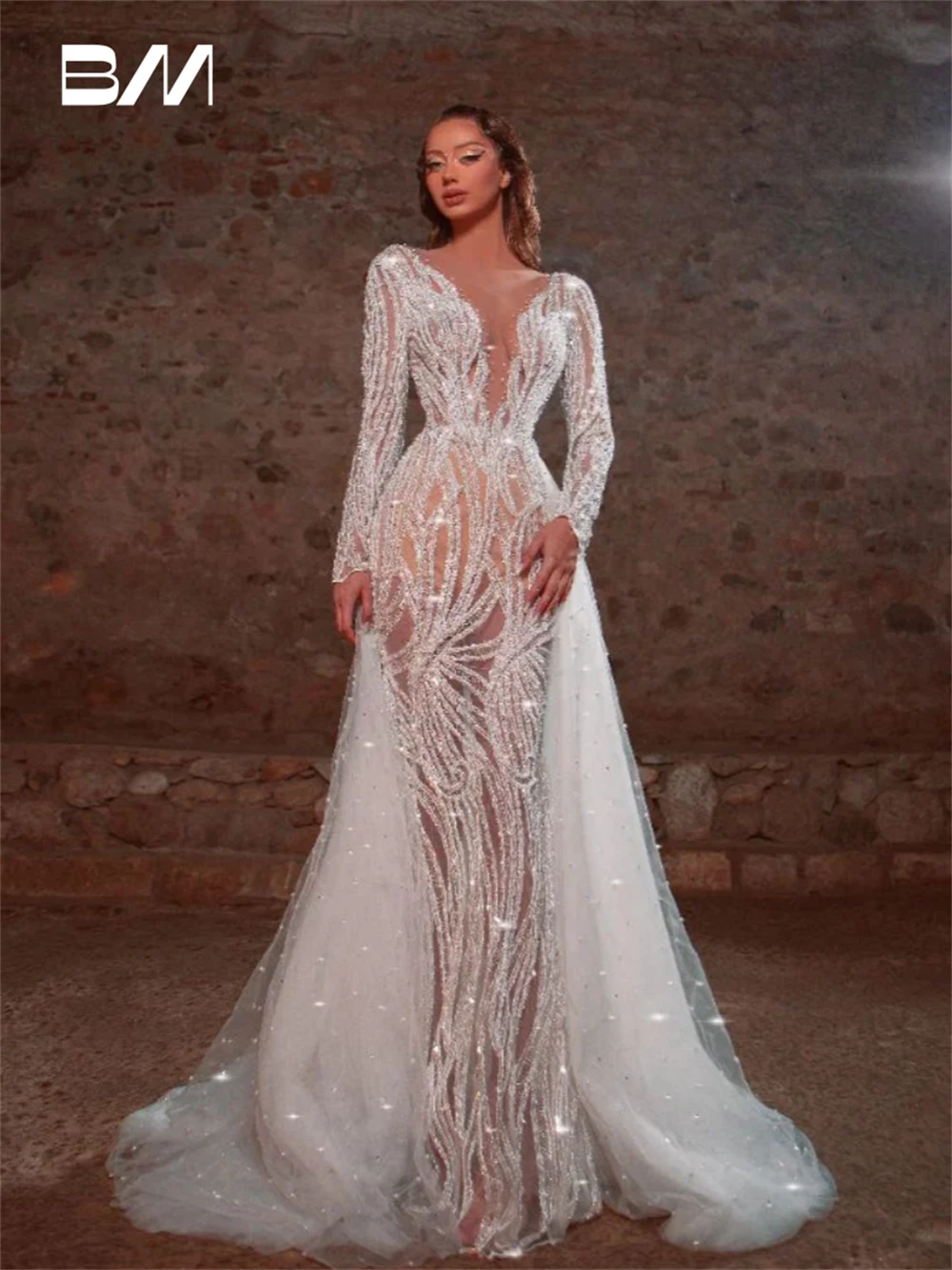 

Sexy Illusion Wedding Dress for Women 2025 Full Sleeves Beading Sheath Bride Dresses Custom Made Exquisite Bridal Wed Gown