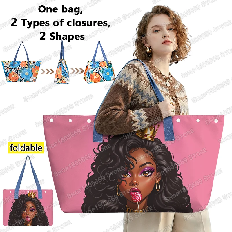 

Afro Women with Crown Graphic Flodable Casual Totes Canvas Shoulder Bags for Travel Large Capacity Storage Bags Ladies Beach Bag