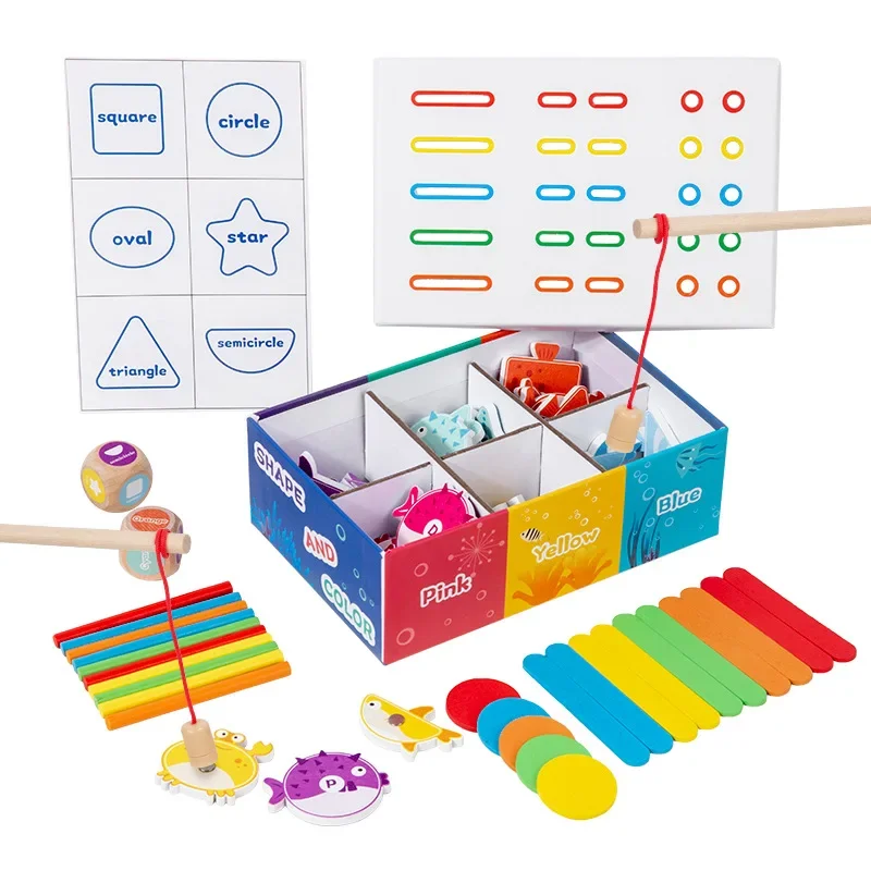 Multifunktionales magnetisches Angelspiel, Holzspielzeug – Englisch lernen, Farb- und Formkognitionsbox für Kinder