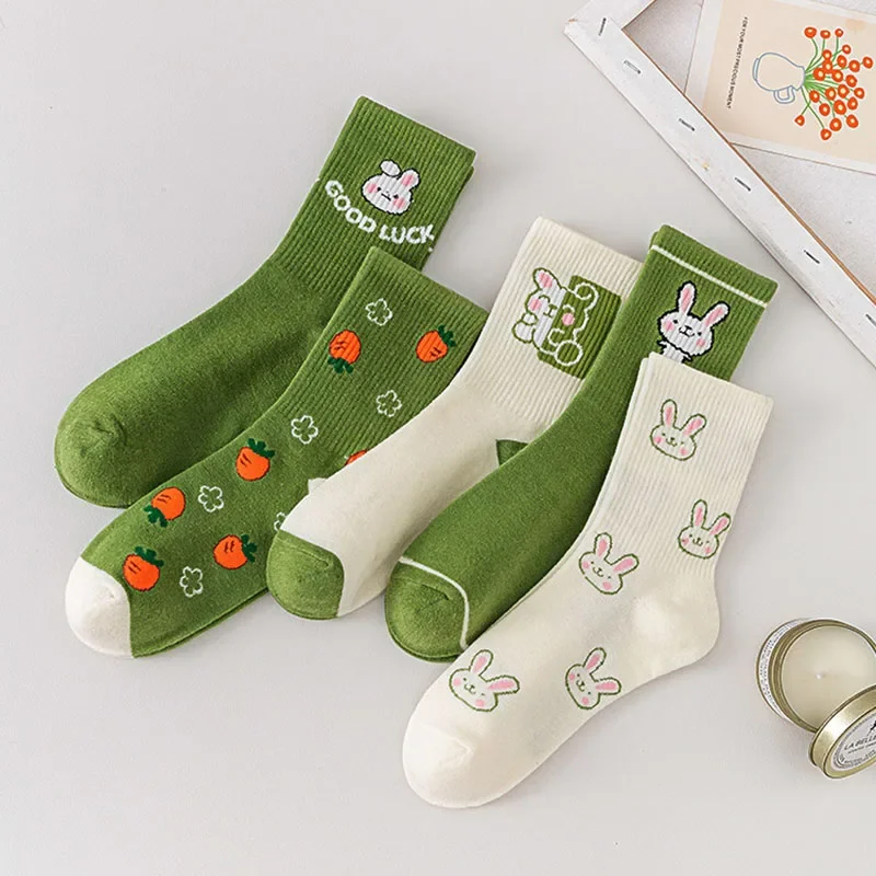 5 Pairs Cartoon Rabbit Carrot Green Women Socks Cute Fashion Funny Cotton Socks For Girls College Style Kawaii Calcetines