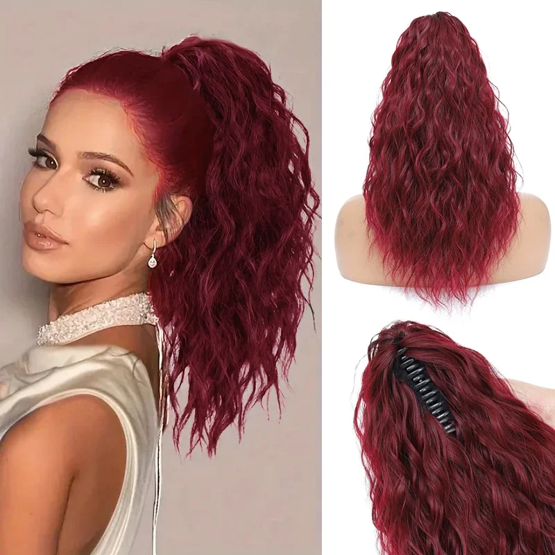 

18 Inch Water Wave Ponytail for Women Short Curly Wavy Claw Ponytail Extension Synthetic Deep Curly Hairpiece Clip in Horse Tail