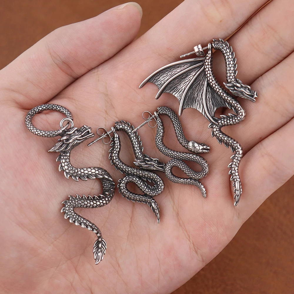 

Vintage Chinese Dragon Series Earrings Popular Charm Stainless Steel Loong Stud Earring Trendy Male Drop Ear Jewelry Accessories