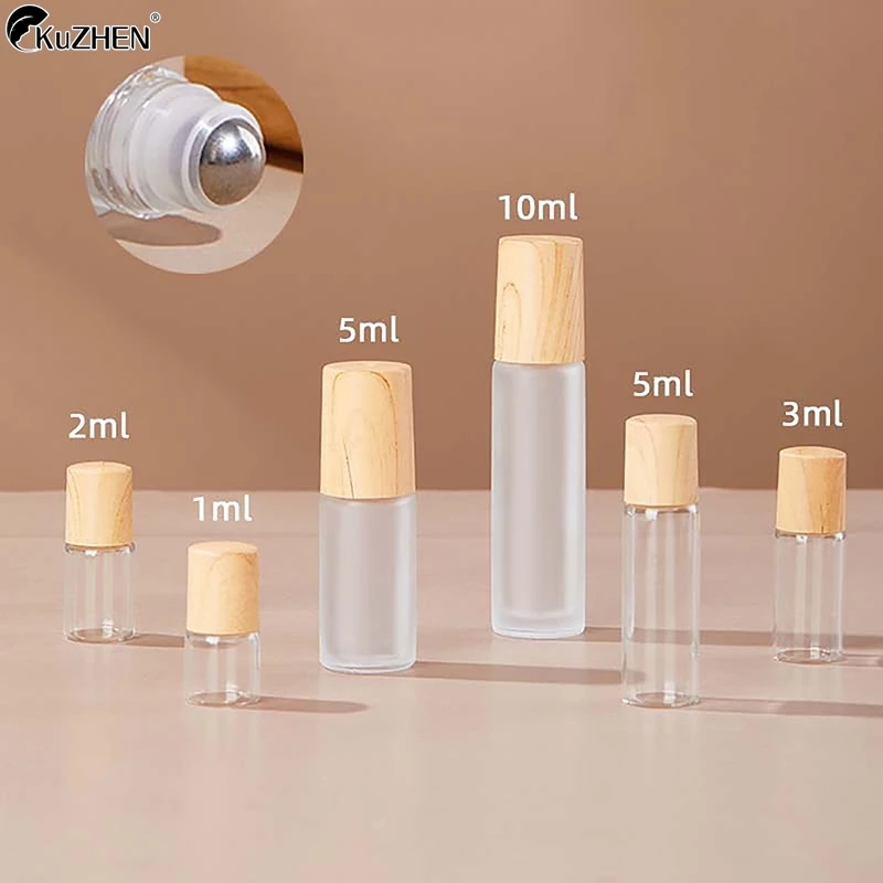 1/2/3/5/10ML Cosmetic Container Roll On Glass Bottles For Essential Oil Empty Perfume Bottle Refillable Container With Wood Lid