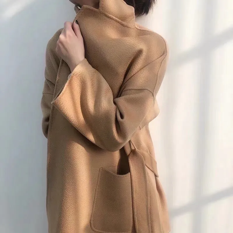 Reversible Woolen Coat 100% Wool Pure Woolen Water Ripple Women Coat Double-Sided Pink Green Blue Drawstring New Cloak With Belt