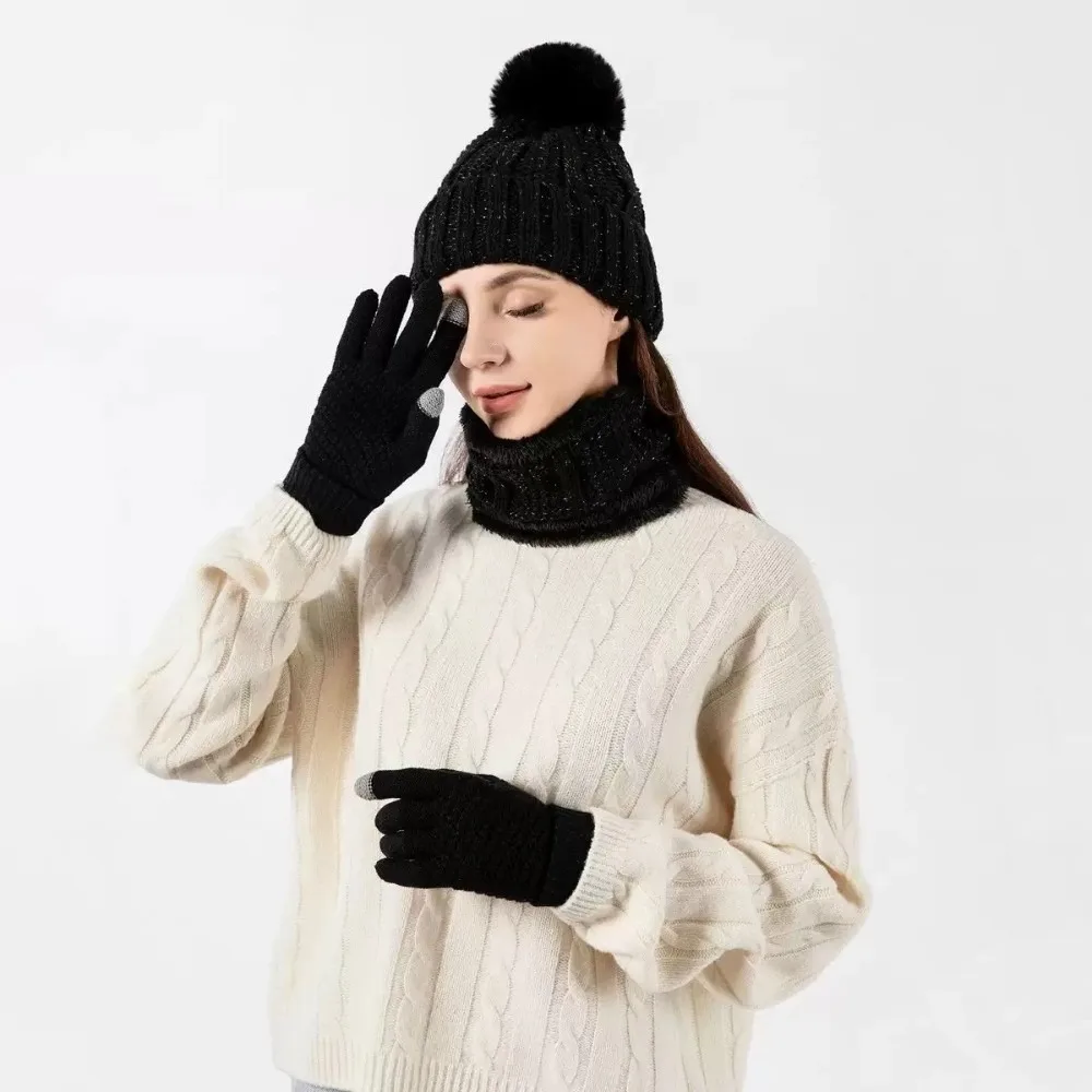 3pcs Casual Solid Color Hat Scarf Gloves Set Cute Pompom Keep Warm Knitted Hat with Velvet Thickened Beanie Hat Autumn Winter