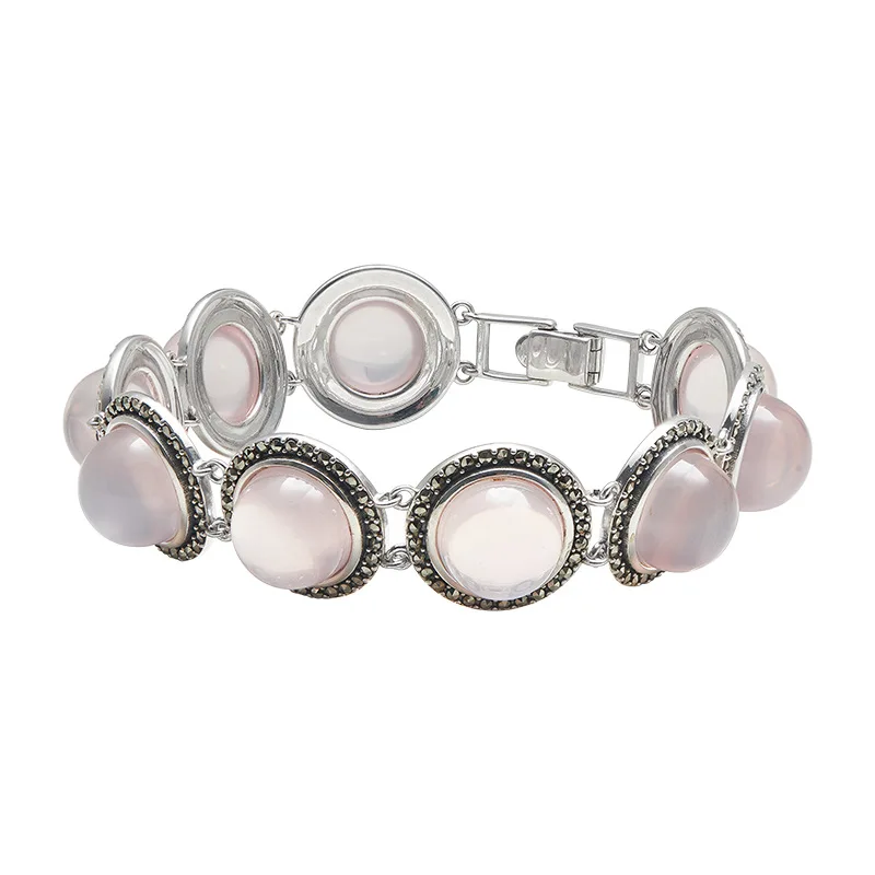 S925 Sterling Silver Charms Bracelets for Women Pink Crystal Red Corundum Micro Marcasite Hand String Jewelry image 4