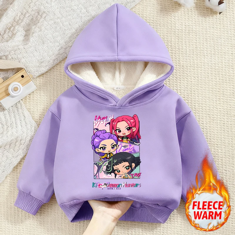 شيطان هنتر فتاة طفل الوردي مقنعين الشارع الشهير قميص سميكة مبطن بالصوف لطيف أنيمي طباعة Kawaii شتاء دافئ الكشمير الملابس
