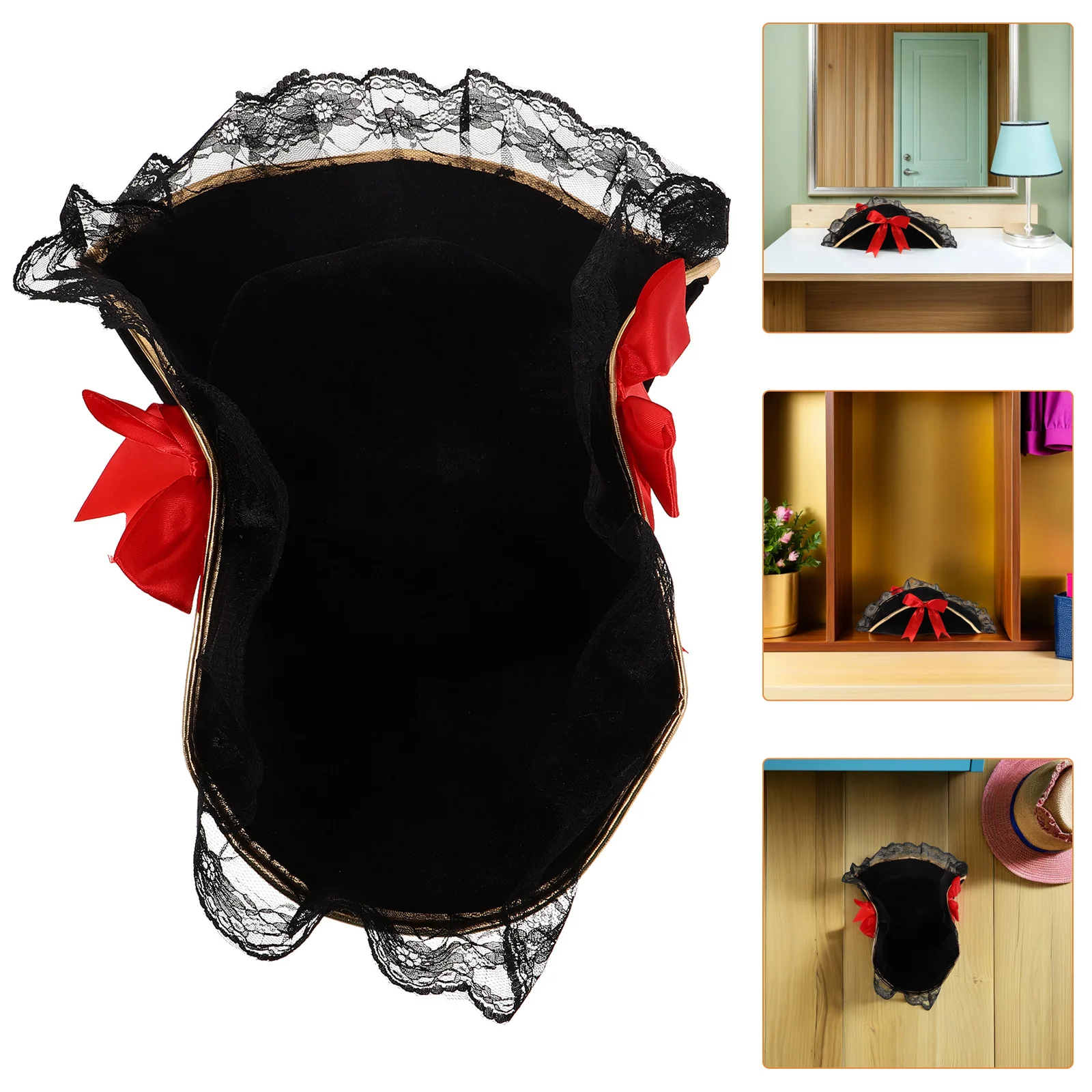 

Pirate Tricorn Hat Red Bow Lace Trim Captain Costume Hat For Women Halloween Cosplay Party Masquerade Accessory Pirate