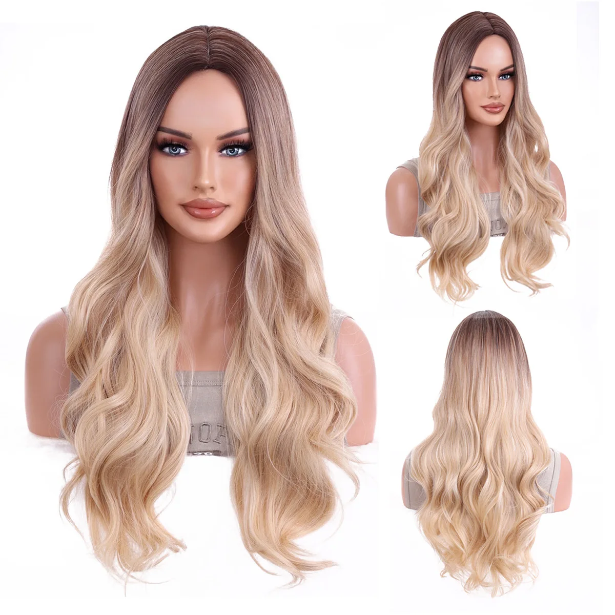

Hot-selling full headgear, medium and gradual change brown highlights, high temperature silk chemical fiber European and America